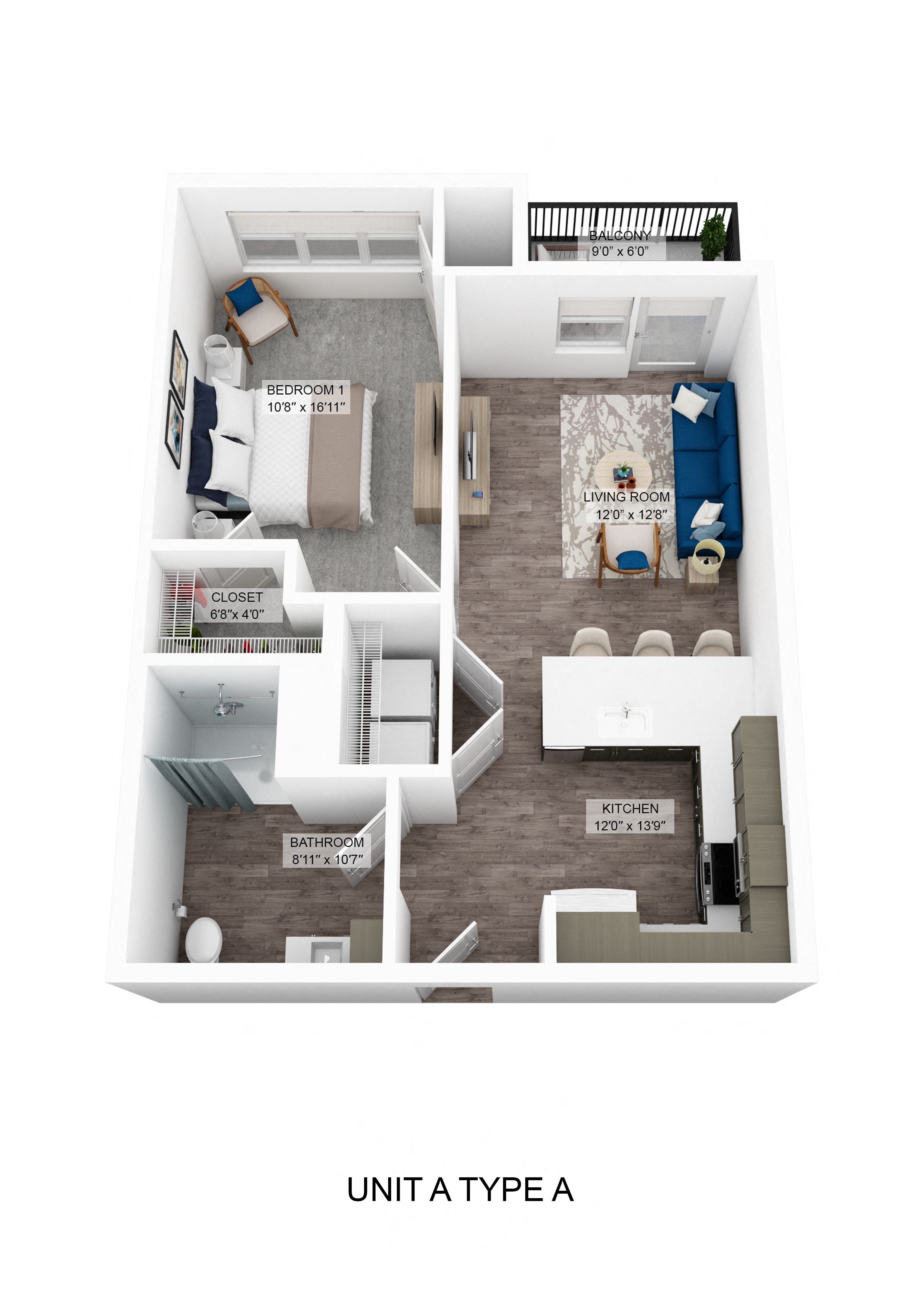 Floor plan for 1 bed, 1 bath, 721 sqft